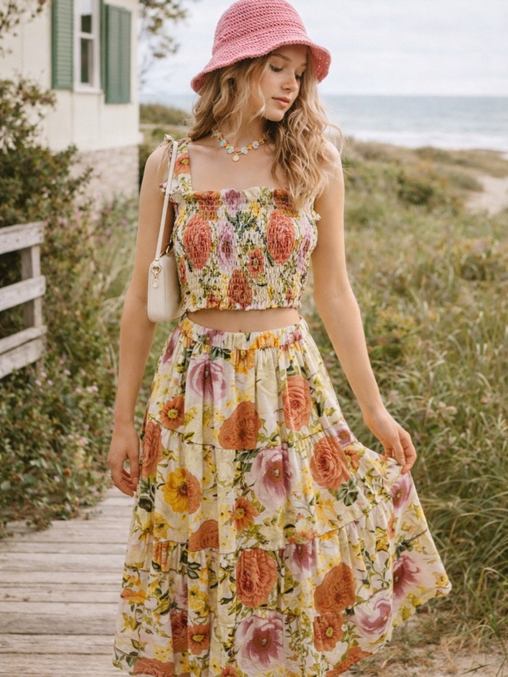 Paper Heart 2 Piece Floral Smocked Set Linen Blend NWT Small